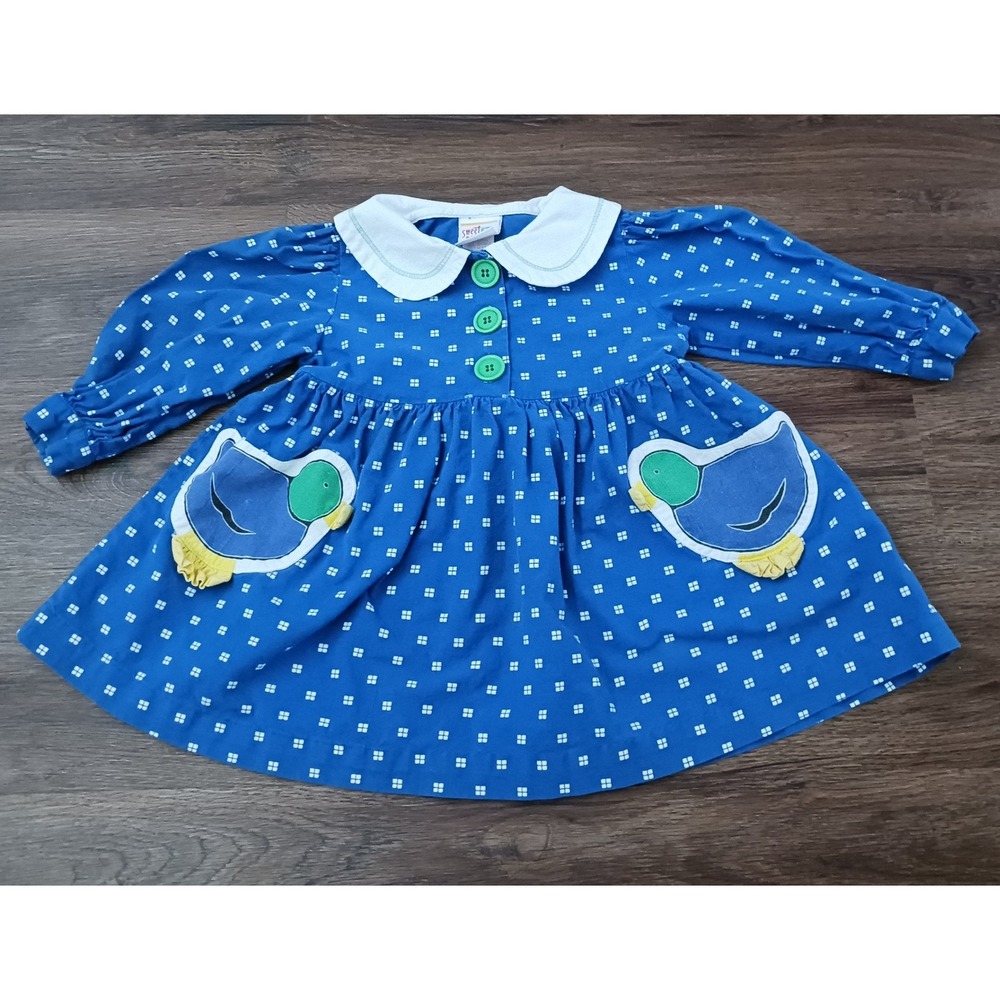 Vintage Sweet Potatoes Girls Blue Mallard Duck Pocket Dress 3T Cotton USA Made